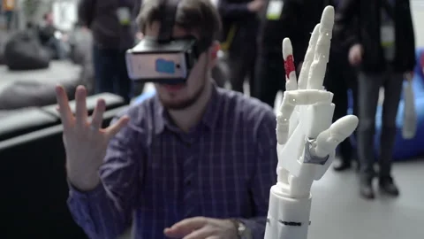 Man with innovative cybernetic system today. Game industry and motion tracking i Video stock 199487427