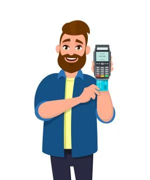 Man inserting credit or debit card into POS terminal payment machine. Stock Illustration