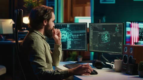 Man inserting disk into PC containing software turning AI into sentient being Stock Footage 266952903