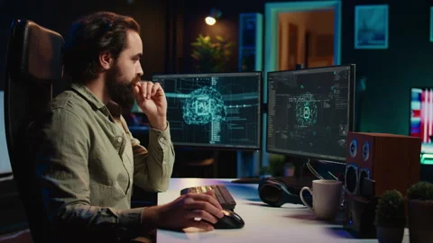 Man inserting disk into PC containing software turning AI into sentient being Stock Footage 267046626