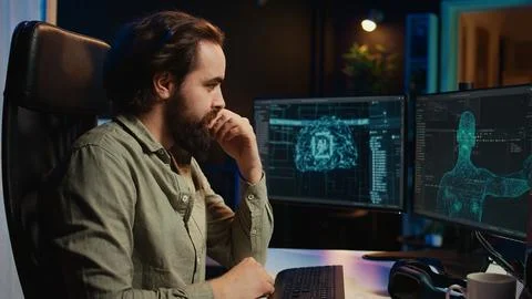 Man inserting disk into PC containing software turning AI into sentient being Stock Photos