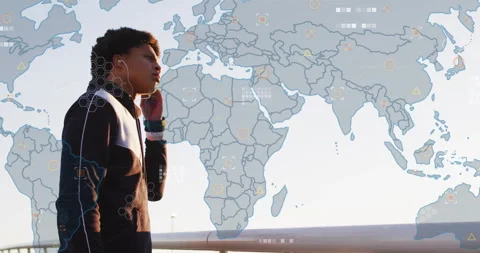 Man inserting earbud at railing and initiating animated world map with data Stock Footage 314348705