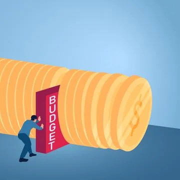 A man inserts a budget limiter into a row of coins, an illustration of budg.. Stock Illustration