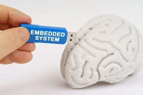 A man inserts a flash drive into his brain with the inscription - Embedded sy Foto stock