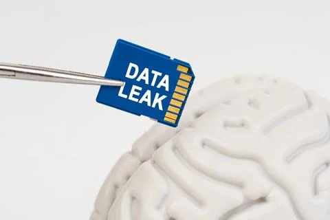 A man inserts a memory card into his brain with the inscription - DATA LEAK Stock Photos