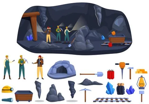 Man inside cave icons set cartoon vector. Traveler hiker Stock Illustration