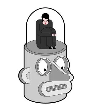 Man inside head of robot. Artificial Intelligence concept. Stock Illustration