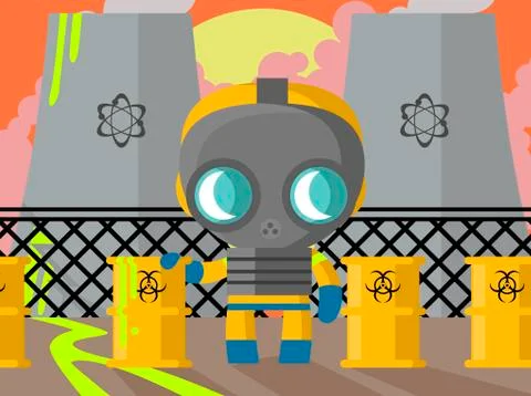 A man inside a protective biohazard suit trying to fix dangerous containers Stock Illustration