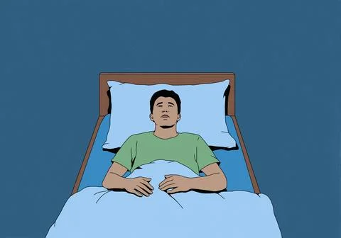 Man with insomnia laying in bed looking up at ceiling Stock Illustration