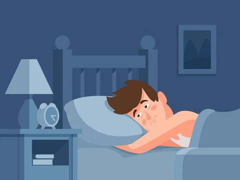 Man with insomnia lying in bed at dark night background. Sleepless person a.. Stock Illustration