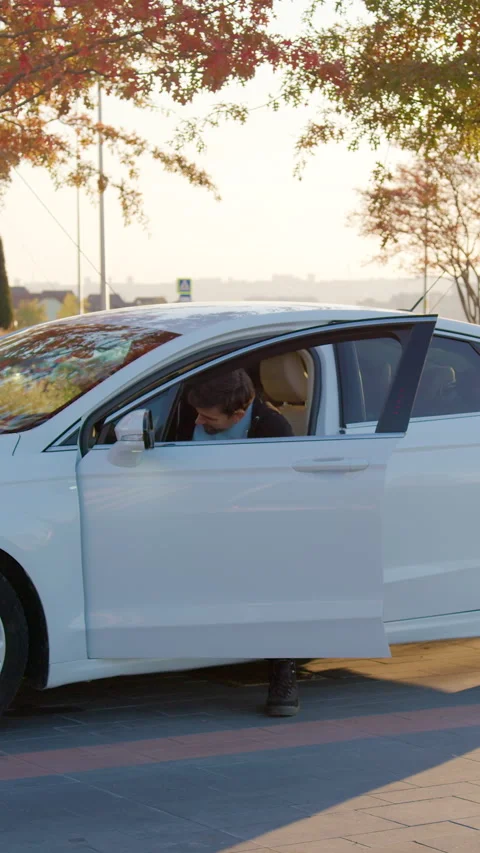 Man inspecting a white sedan before purchasing, standing beside the open door Stock Footage 318473100