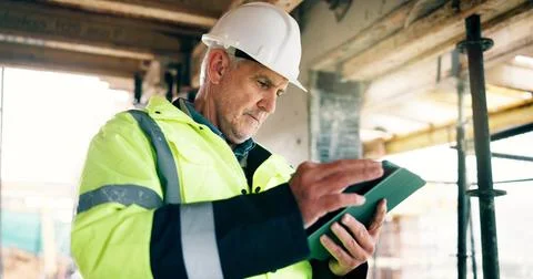 Man, inspection and scroll on construction site with tablet, architecture a.. Stock Photos