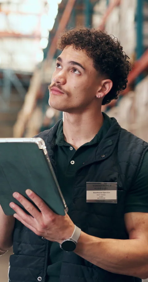 Man, inspection and tablet for logistics in warehouse for stock check, inventory Stock Footage 327709380