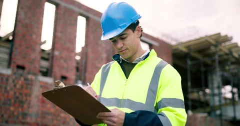 Man, inspection and writing on construction site with clipboard, quantity Stock Footage 337026335