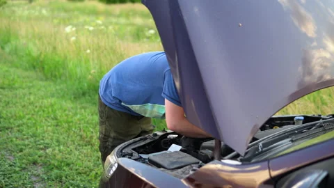 A man inspects a car engine in a field. Unexpected car breakdown Vidéo 134492728
