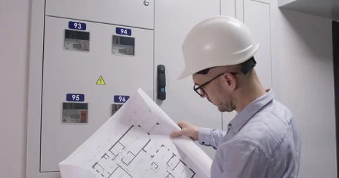 Man inspects floor plan checking electrical panel location Stockbeeldmateriaal 309084737