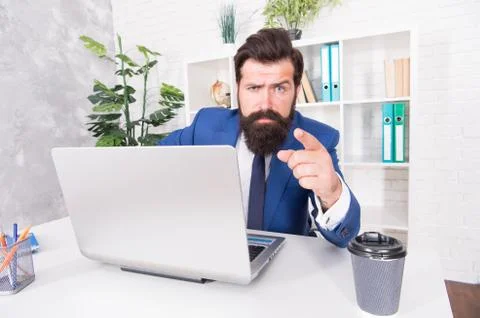 Man inspired manager work online laptop, solving problem concept Stock Photos