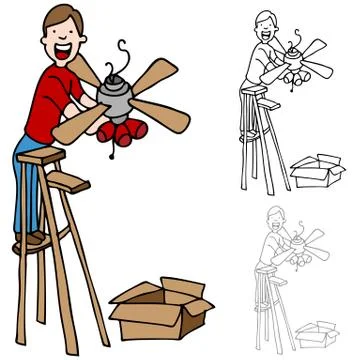 Man installing a ceiling fan Stock Illustration