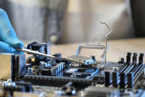Man installing computer chip onto motherboard at table, closeup Stock-Fotos
