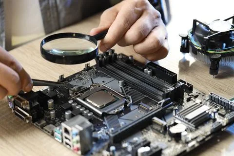 Man installing computer chip onto motherboard at wooden table, closeup Foto stock