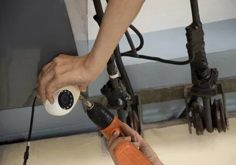 Man installing IP CCTV or high tech surveillance system CCTV system 스톡 사진