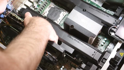 Man installing removing NVidia Quadro P4000 Gpu from workstation Stock Footage 103339318