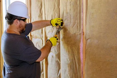 Man installing thermal insulation layer under the wall using mineral wool Stock Photos