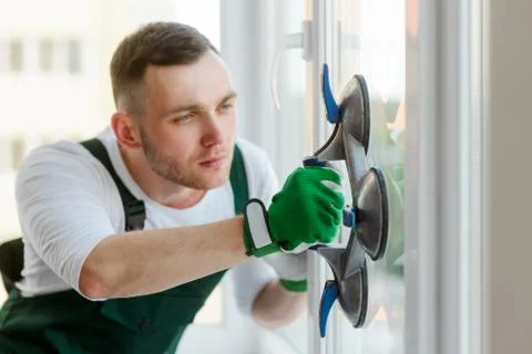 Man is installing a window using a vacuum suction cups Stock Photos