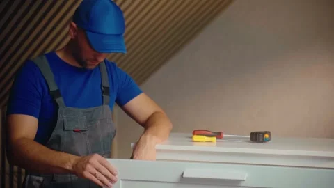 Man installs cabinets while measuring and assembling furniture in a bright Vídeo Stock 294914029