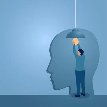 A man installs an idea light into a big head, an illustration of building a.. Stock Illustration