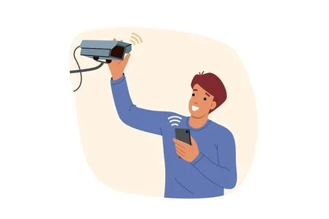 Man installs security camera on wall and uses mobile phone with wifi to monitor Stock Illustration