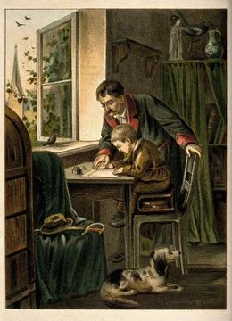 A man is instructing a boy on how to write. Colour lithograph. Stock Illustration
