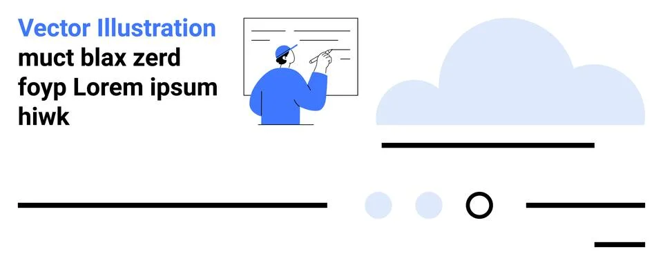 Man instructing with pen on screen, cloud symbol in background, text sections Stock Illustration