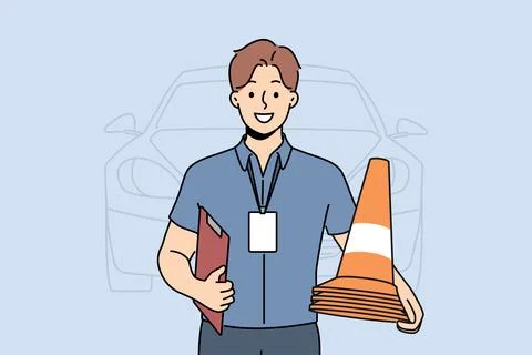 Man instructor from driving school smiles and holds traffic cones inviting to Ilustración de archivo