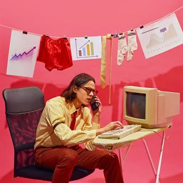 Man intently looks at document while typing on vintage computer. There are Stock Photos