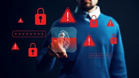 Man interacting with alerts about scam call messages and online security th.. Stock Photos