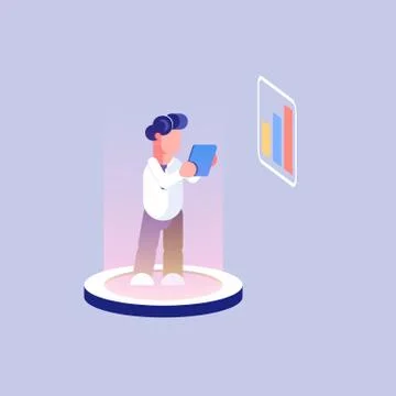Man interacting with charts and analyzing statistics. Data visualization conc Stock Illustration