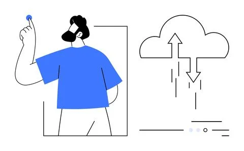 Man Interacting with Cloud Data Transfer System via Touch Interface Illustrazione stock