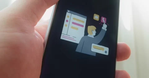 Man interacting with digital elements and icons on a smartphone, presentation Stock Footage 313442927