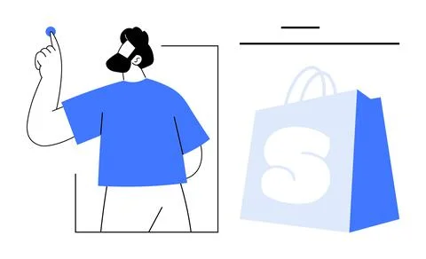 Man interacting with digital interface next to shopping bag symbol Stock Illustration