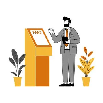 Man interacting with FAQ kiosk Illustration