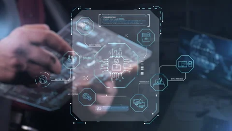 Man interacting with futuristic transparent AI interface Vidéo 326025872