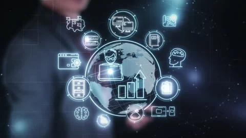 Man interacting with global business network concept screen Stock Footage 329654159