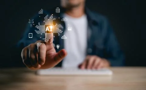 Man interacting with glowing artificial intelligence icon on futuristic int.. 스톡 사진