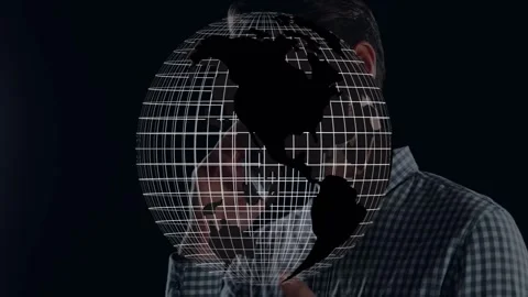 Man interacting with holographic globe in tech studio, showing Americas Stock Footage 327198983