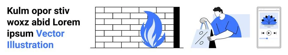 Man interacting with interface, adjacent to blue flame on brick wall and mobi イラスト素材