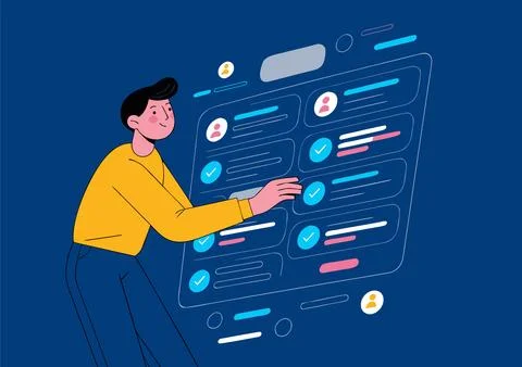 Man interacting with a large digital interface on a blue background Stock Illustration