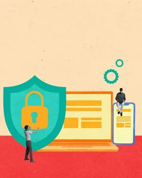 Man interacting with large digital shield, representing cybersecurity and data Stock Photos