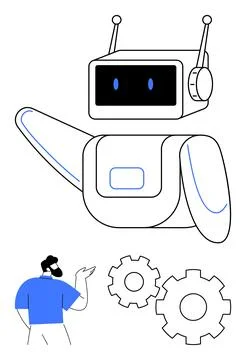 Man interacting with a large robot displaying gears and settings options, s.. Stock Illustration