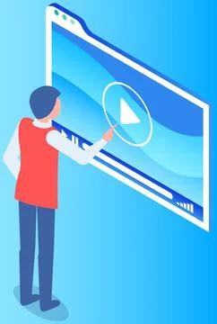 Man interacting with screen digital device presses video player button. Monitor Illustrazione stock